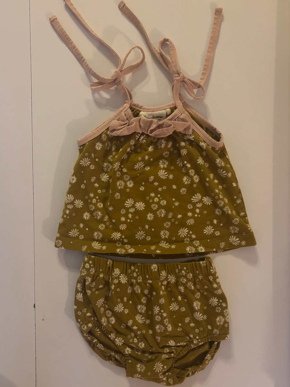 City Mouse 9-12M Floral Tankini Set in brown with Pink Trim